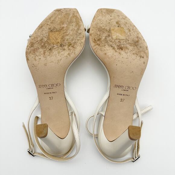 JIMMY CHOO Meira 85 crystal-embellished leather slingback  Jimmy Choo Crystal Sandal Meira Ivory Bridal Leather Embellished Heel Size 37